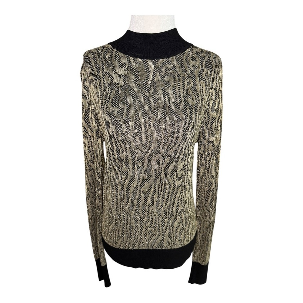 NEW Halogen Animal Jacquard Mock Neck Long Sleeve Top Black Gold Size Small